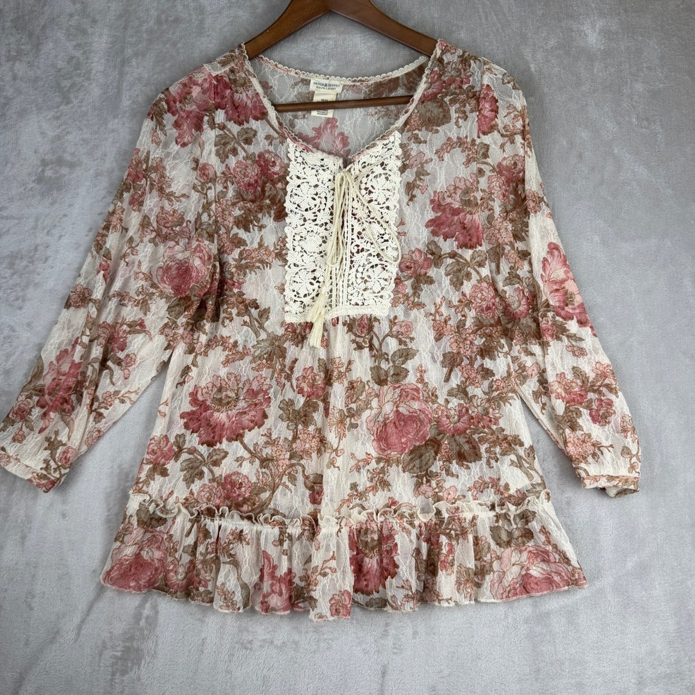 Denim & Supply Ralph Lauren Floral Lace Peasant Top Pink Cream XS Boho Crochet‎